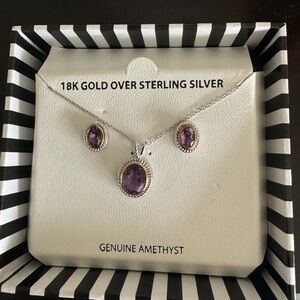 18K Gold Over Sterling Silver Amethyst Jewelry Set, necklace and earrings new